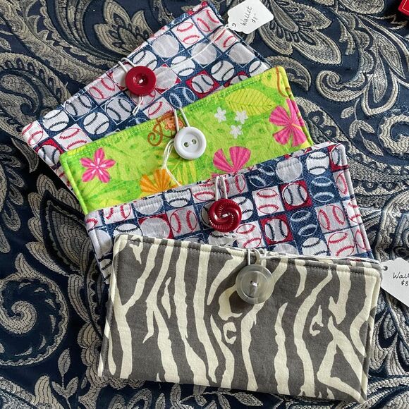 Handmade Handbags - Handmade fabric wallet billfold washable cotton baseball monkeys zebra NEW